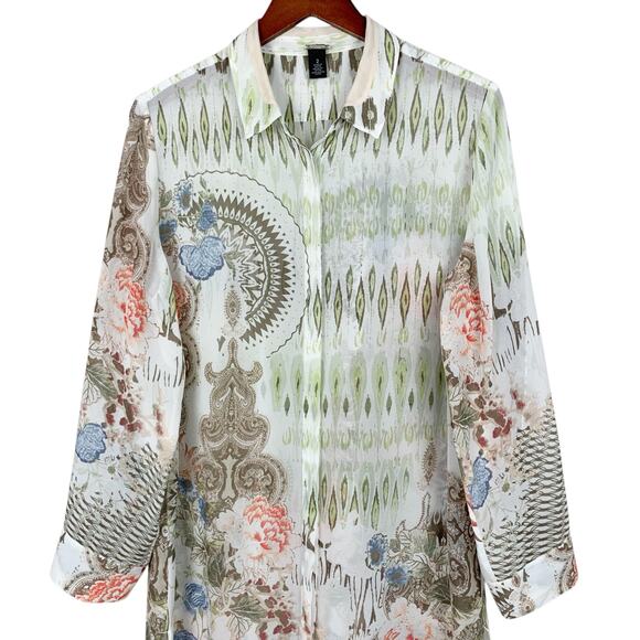 Chicos Tunic Shirt Longer Length Top Semi Sheer White Green Women's 2 L 12 - Picture 2 of 11